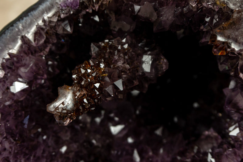 Small Amethyst Geode Cave with Golden Goethite Rosette Flower