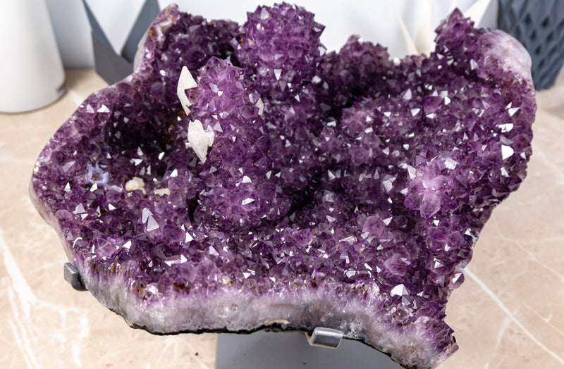 Amethyst Stalactite Formation with Large, Intact, Deep Purple Druzy and Calcite Inlcusions