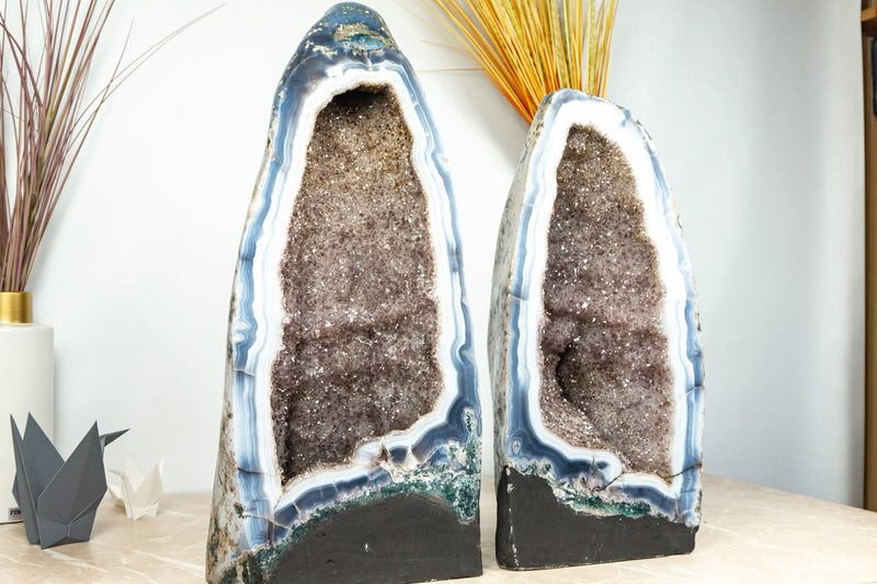 Pair of Rare White and Blue Lace Agate Geodes with Golden Goethite and Galaxy Druzy