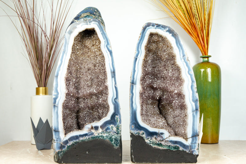 Pair of Rare White and Blue Lace Agate Geodes with Golden Goethite and Galaxy Druzy