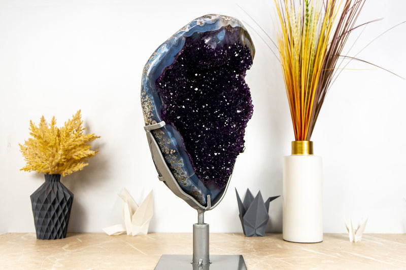 Spectacular Large Amethyst Geode Cluster with Deep Purple Galaxy Druzy with Banded Agate, 13 Kg - 28 lb