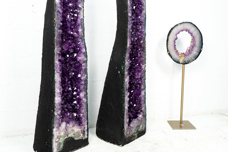 Pair of Tall Amethyst Cathedral Geodes with Purple, and Large Amethyst Druzy