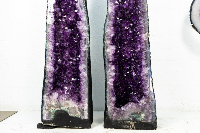 Pair of Tall Amethyst Cathedral Geodes with Purple, and Large Amethyst Druzy