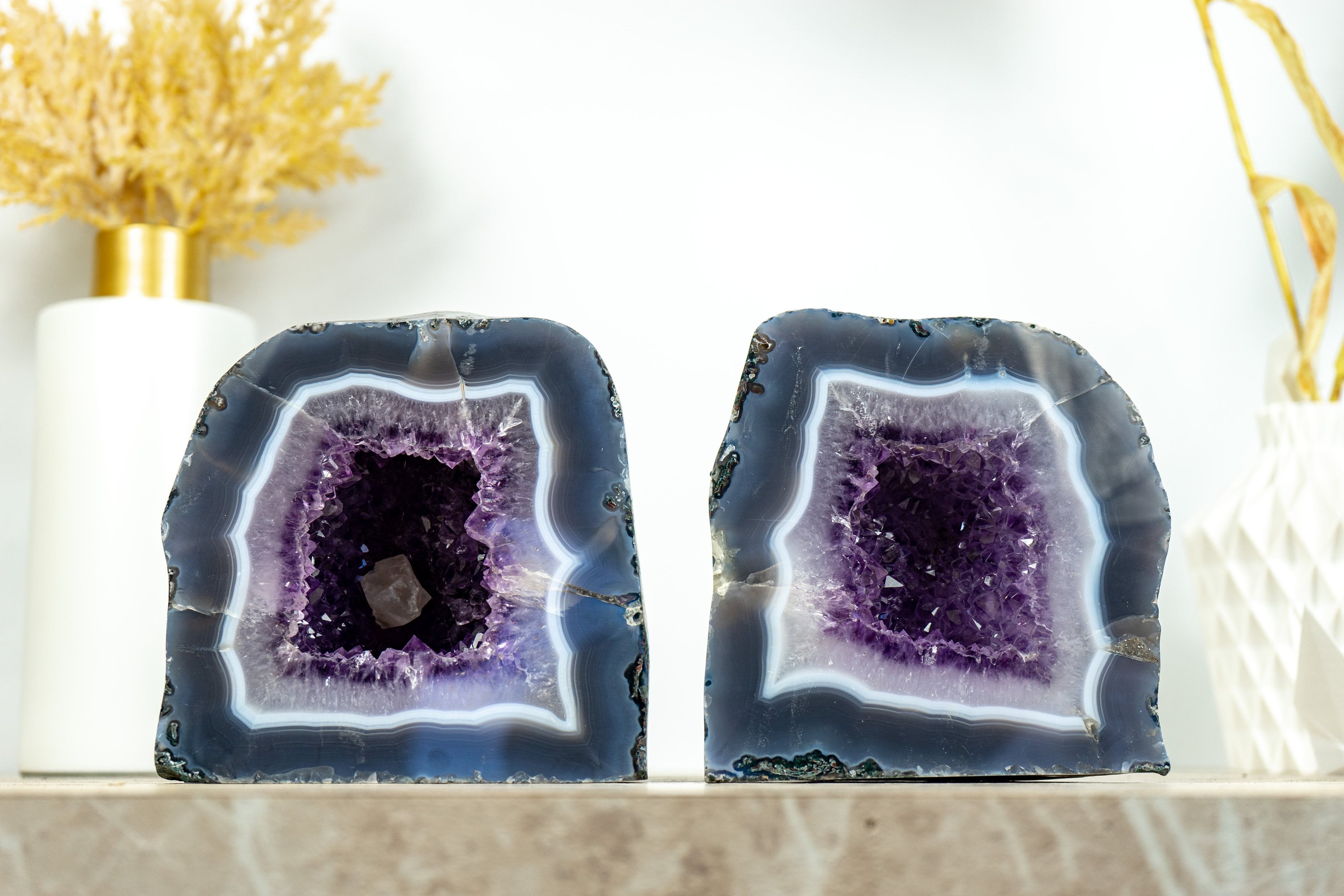 Pair of Small Purple Amethyst Cathedral Geodes with Banded Agate AA Qu