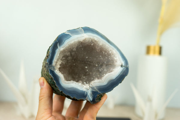 Small Blue and White Banded Agate Geode Cave with Rare White Druzy