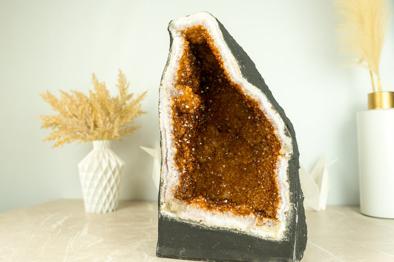 Citrine with a Large Flower, Deep Orange Citrine Druzy Geode Cathedral, Raw & Ethical