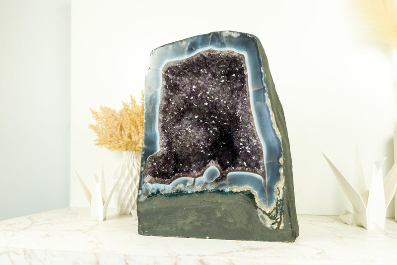 Large Banded Agate with Amethyst Geode Cave with Goethite, Flower Rosettes