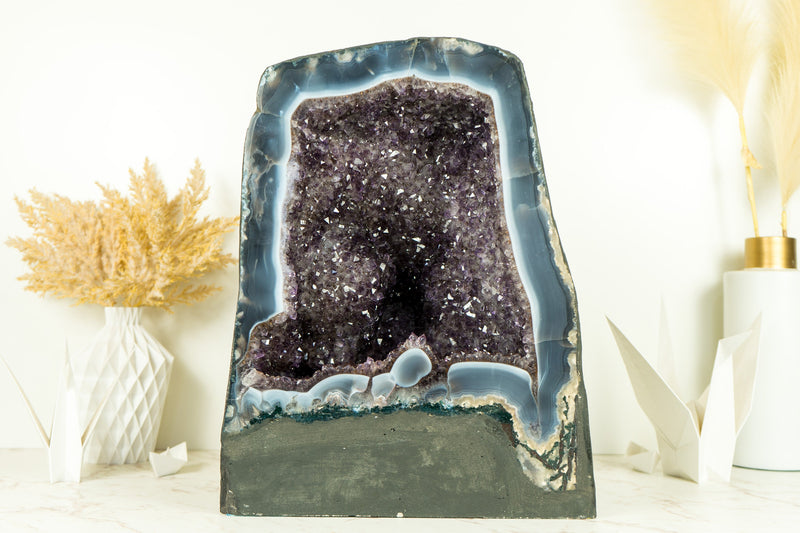 Large Banded Agate with Amethyst Geode Cave with Goethite, Flower Rosettes