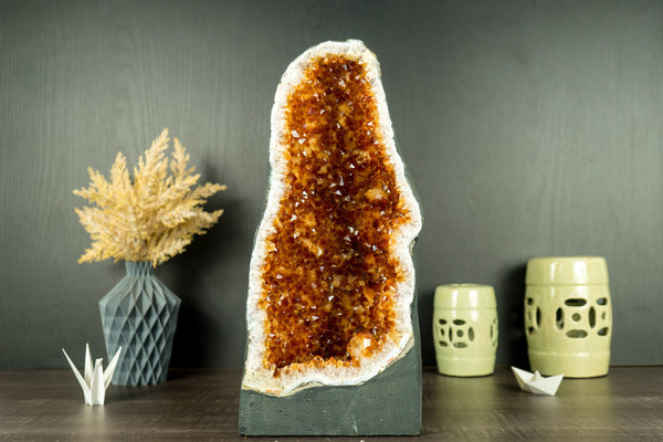 Rare Citrine Geode Cathedral with AAA Dark Citrine Druzy and Flower Rosette Stalactites