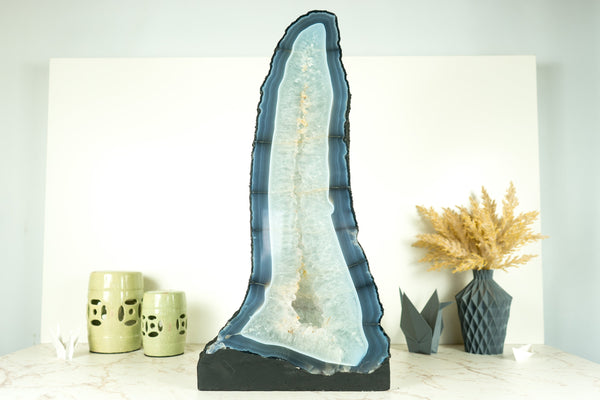 Tall Blue Lace Agate Geode Cathedral with Banded Agate and Clear Amethyst