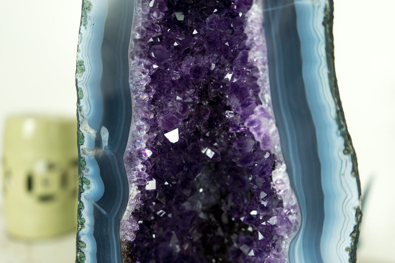 Rare White and Blue Lace Agate with Deep Purple Amethyst Geode, 14 In Tall
