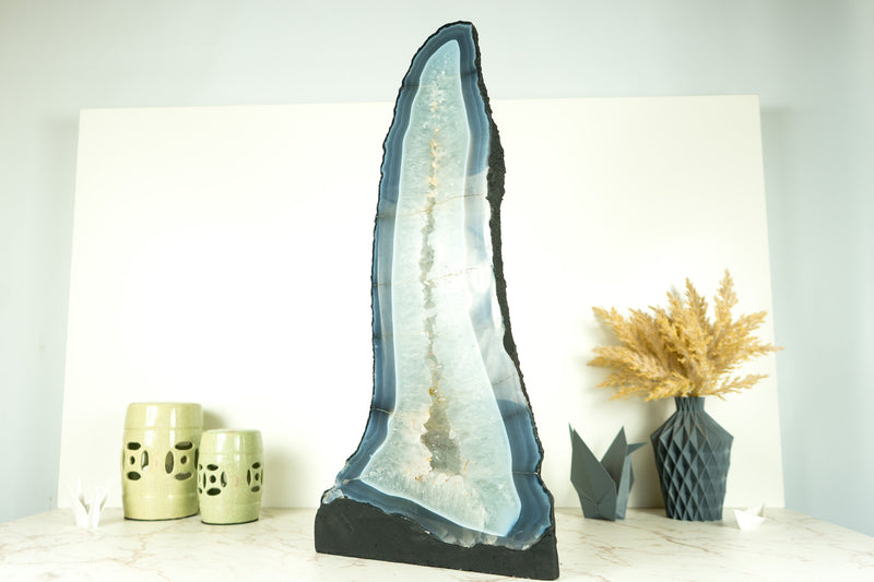 Tall Blue Lace Agate Geode Cathedral with Banded Agate and Clear Amethyst