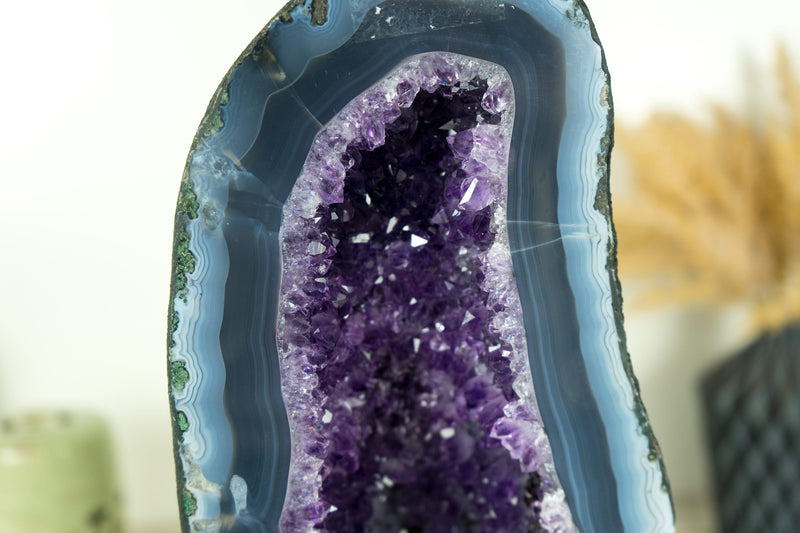 Rare White and Blue Lace Agate with Deep Purple Amethyst Geode, 14 In Tall