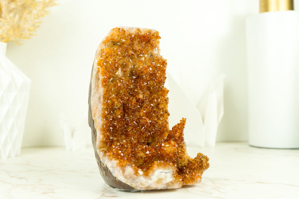 Rare Small Citrine Cluster with Stalactite Flowers and Orange Madeira Galaxy Druzy