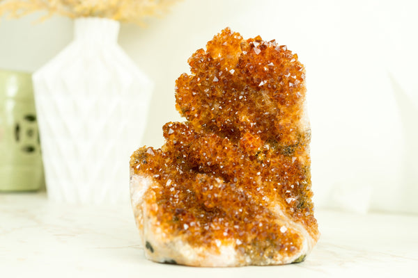 Rare Small Citrine Cluster with Stalactite Flowers and Deep Orange Galaxy Druzy