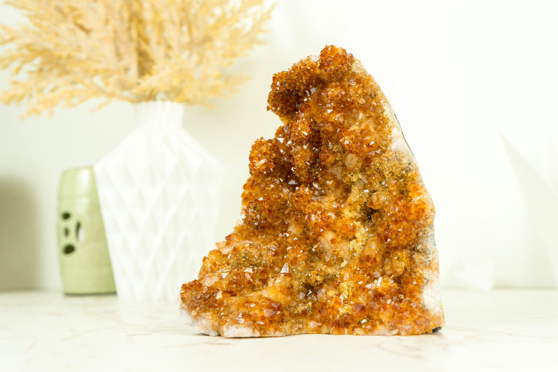 Gorgeous Citrine Cluster with Rare Stalactite Flowers and Deep Orange Galaxy Druzy