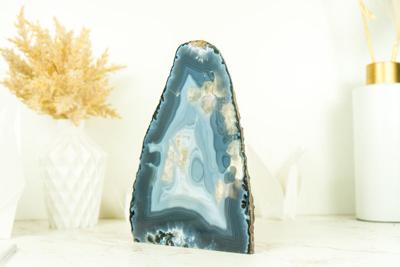 Rare Natural Blue Lace Agate Geode with Calcite Inclusions, Self Standing