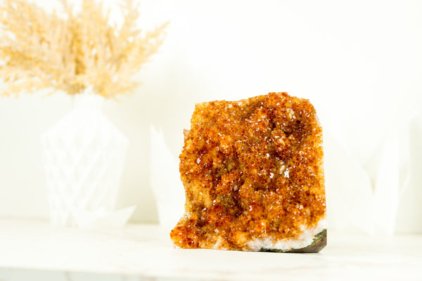 Small Citrine Crystal Cluster with Deep Orange Druzy and Rare Formation, Table Top Self Standing