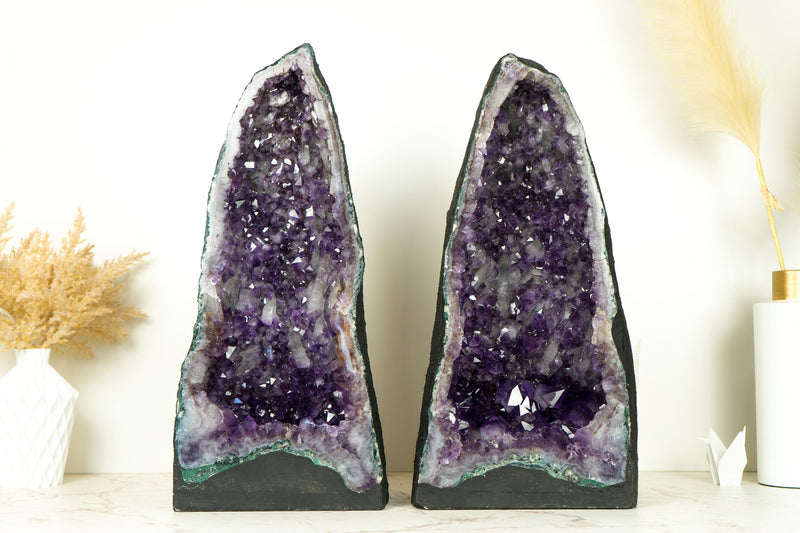 Pair of Tall Deep Purple Amethyst Crystal Geode Cathedrals, with Rare Druzy Formation