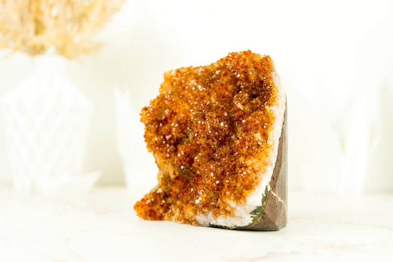 Small Citrine Crystal Cluster with Deep Orange Druzy and Rare Formation, Table Top Self Standing