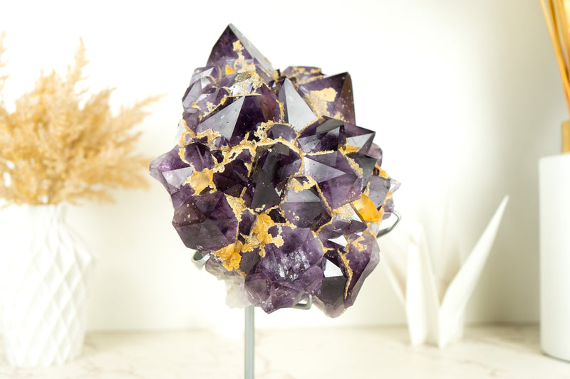 Natural AAA Purple Amethyst Cluster with Yellow Calcite, Collector Grade Brazilian Amethyst