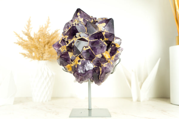 Natural AAA Purple Amethyst Cluster with Yellow Calcite, Collector Grade Brazilian Amethyst