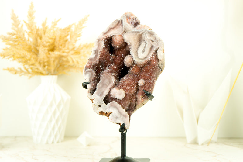 Rare Pink Amethyst Geode with Natural Red Crystal Amethyst Druzy on Stand