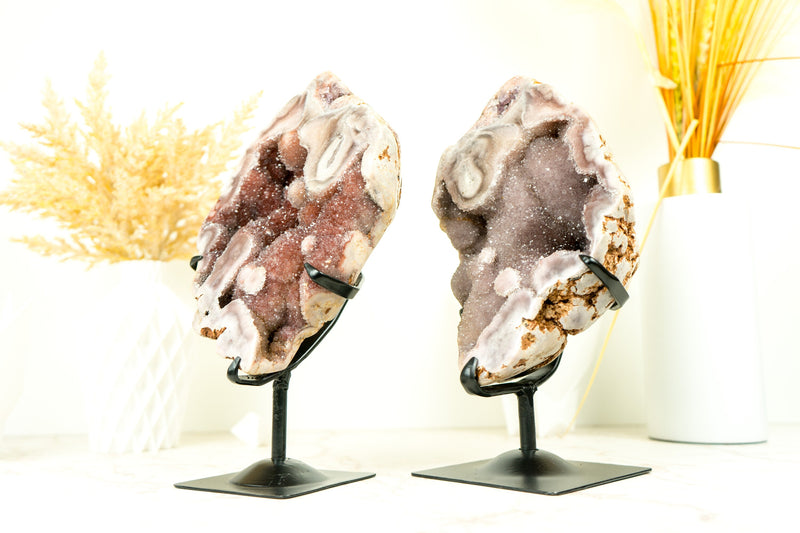 Bookmatching Pair of Rare Pink and Red Amethyst Geodes with Natural Pink and Red Crystal Amethyst Druzy