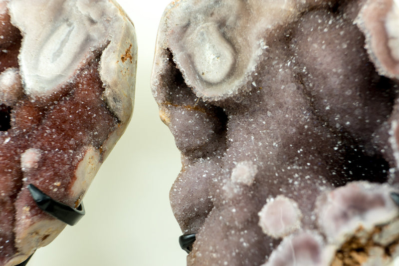 Bookmatching Pair of Rare Pink and Red Amethyst Geodes with Natural Pink and Red Crystal Amethyst Druzy