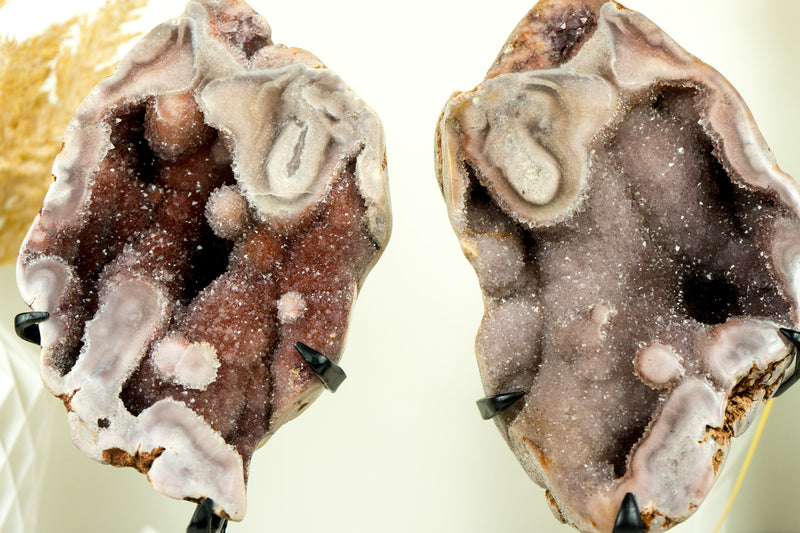 Bookmatching Pair of Rare Pink and Red Amethyst Geodes with Natural Pink and Red Crystal Amethyst Druzy