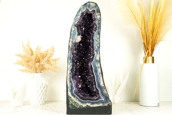 Rare Banded Agate Geode Cathedral with Dark Purple Amethyst, Calcite and Landscaped Agate Drawings