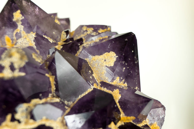Natural AAA Purple Amethyst Cluster with Yellow Calcite, Collector Grade Brazilian Amethyst