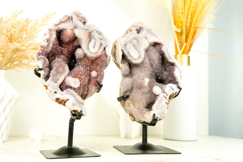 Bookmatching Pair of Rare Pink and Red Amethyst Geodes with Natural Pink and Red Crystal Amethyst Druzy