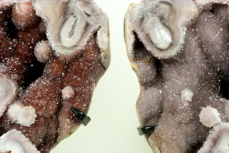 Bookmatching Pair of Rare Pink and Red Amethyst Geodes with Natural Pink and Red Crystal Amethyst Druzy