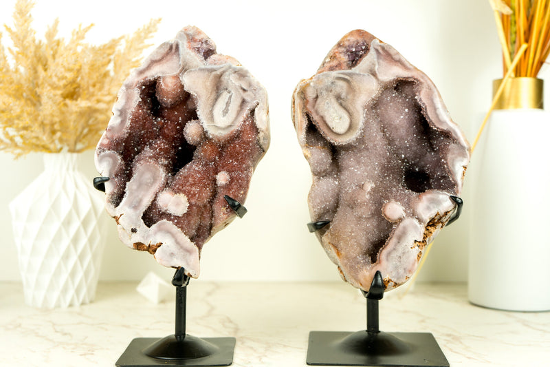 Bookmatching Pair of Rare Pink and Red Amethyst Geodes with Natural Pink and Red Crystal Amethyst Druzy