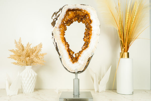 Rare Citrine Geode Slice with a Crown Formation and AAA Golden Orange Citrine Druzy on a Rotating Stand - E2D Crystals & Minerals