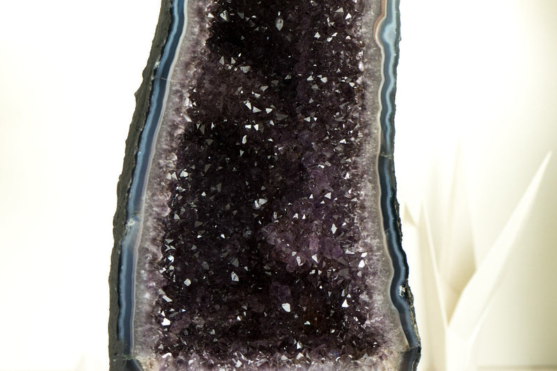 Natürliche blaue Spitzenachat-Geode mit funkelndem Lavendel-Amethyst, ein dekoratives Mittelstück