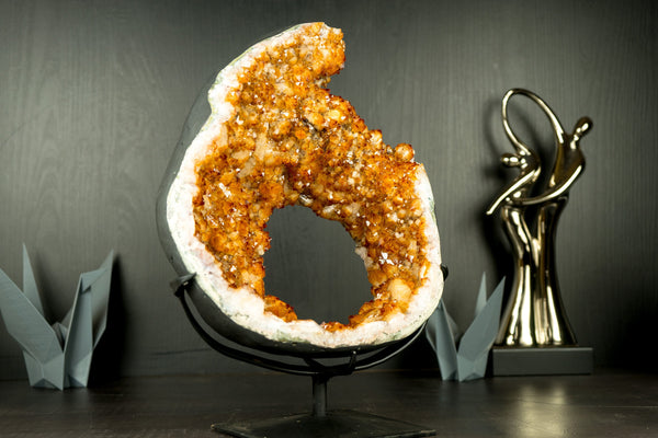 Rare Citrine Geode Portal Slice with Flower Stalactites