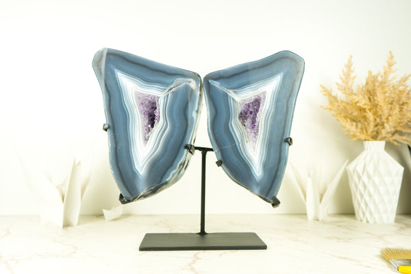 Flügel aus blauer Spitzenachat-Geode mit violettem Amethyst und gestalteter Rückseite, auf Ständer – 9,3 kg – 20,4 lb