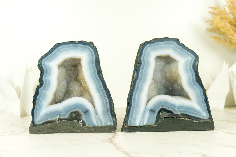 Pair of Bookmatching Small Blue Lace Agate Geode Cave with White Galaxy Druzy - 7.7 Kg - 17.0 lb