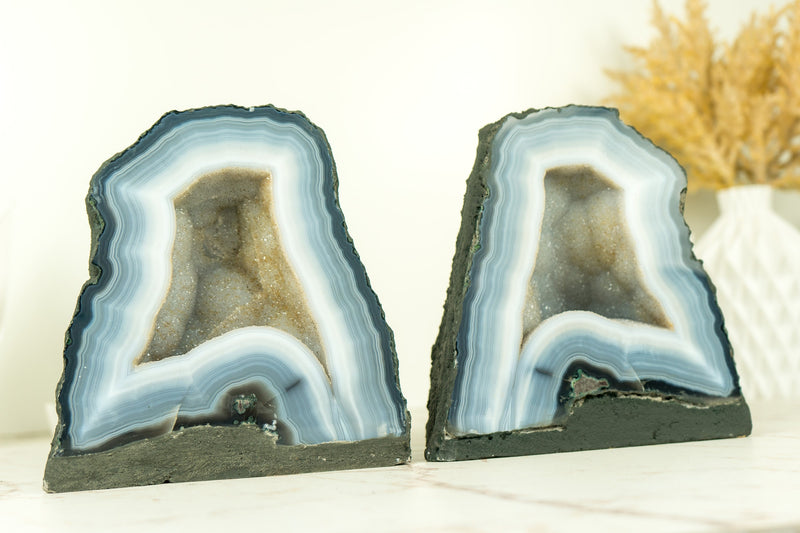 Pair of Bookmatching Small Blue Lace Agate Geode Cave with White Galaxy Druzy - 7.7 Kg - 17.0 lb