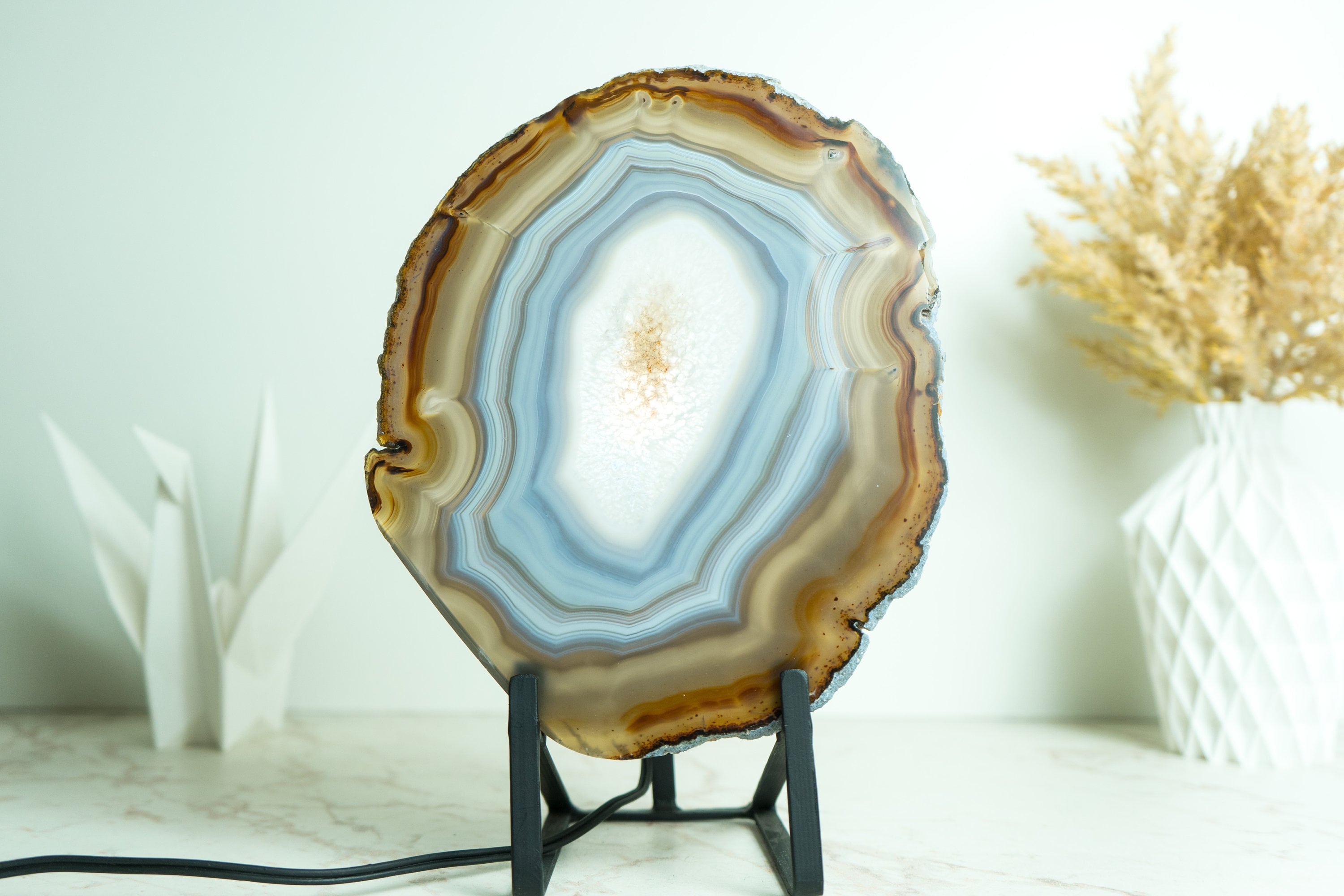 Natural Blue Lace Agate Geode Slice with White and Blue Lines