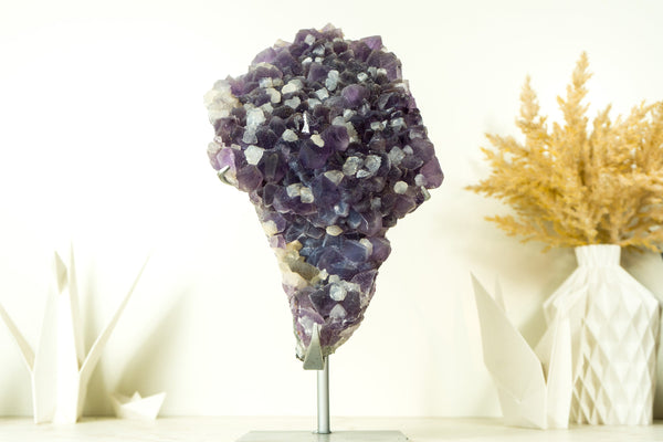 Galaxy Amethyst Druzy Cluster, auch bekannt als gezuckerter Amethyst, Dunkelviolett mit Calcit