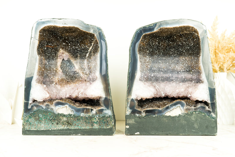 Pair of Amethyst Cathedral Geodes with Rare Tri-color Galaxy Druzy and Amethyst Crown Formation